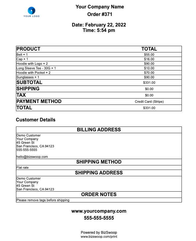 The customer order invoice template, available with BizPrint.