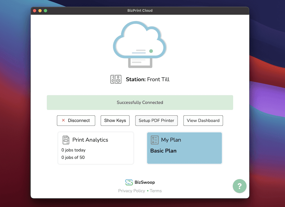 Screenshot of successful BizPrint Cloud setup in WooCommerce