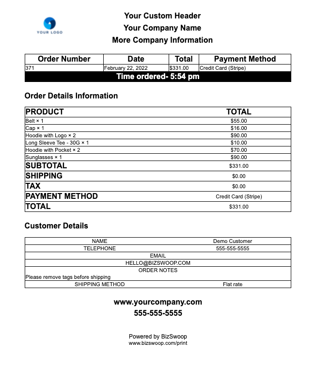 Order invoice template