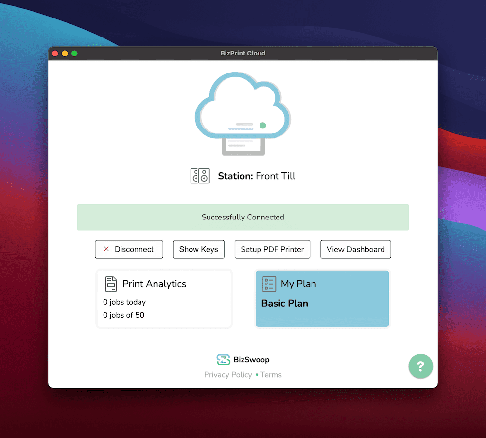 Screenshot of the BizPrint Cloud connected to a printer (and WooCommerce) locally on MacOS