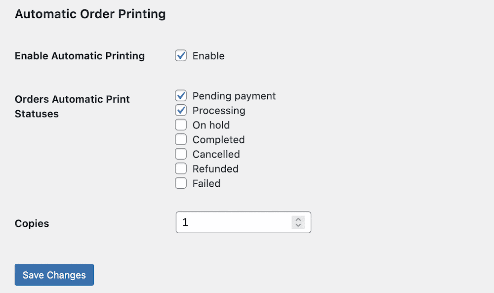 Screenshot of WooCommerce automatic order printing settings