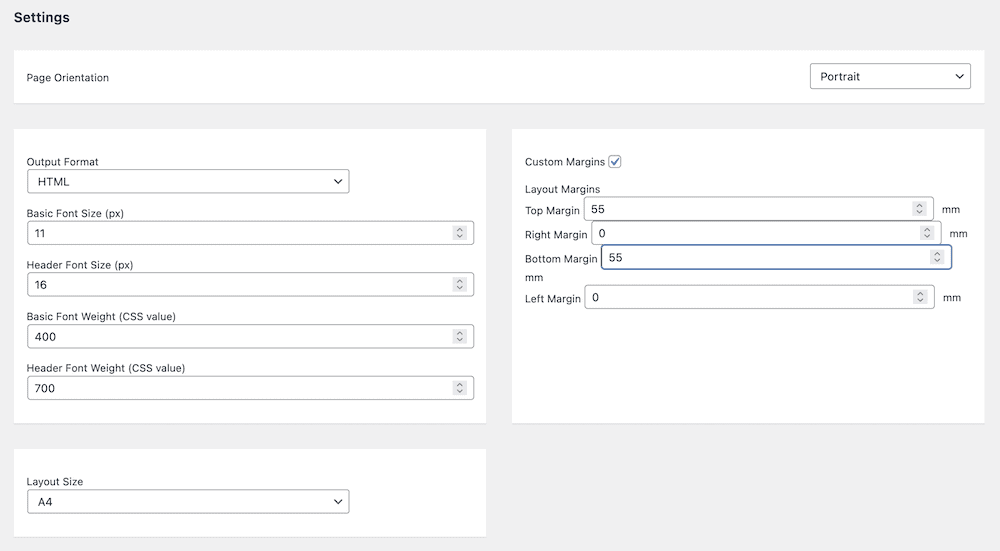 Screenshot of page print settings in for WooCommerce order printing