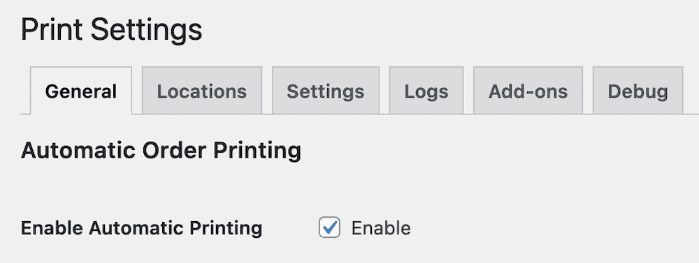Screenshot of automatic order printing enabled in WooCommerce