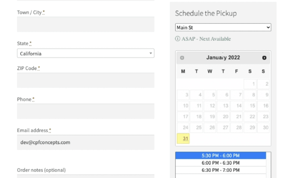 Screenshot of pickup being scheduled in WooCommerce, at checkout