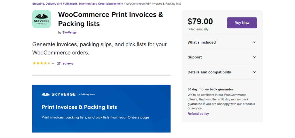 Screenshot of the WooCommerce Print Invoices & Packing List product listing on WooCommerce.com