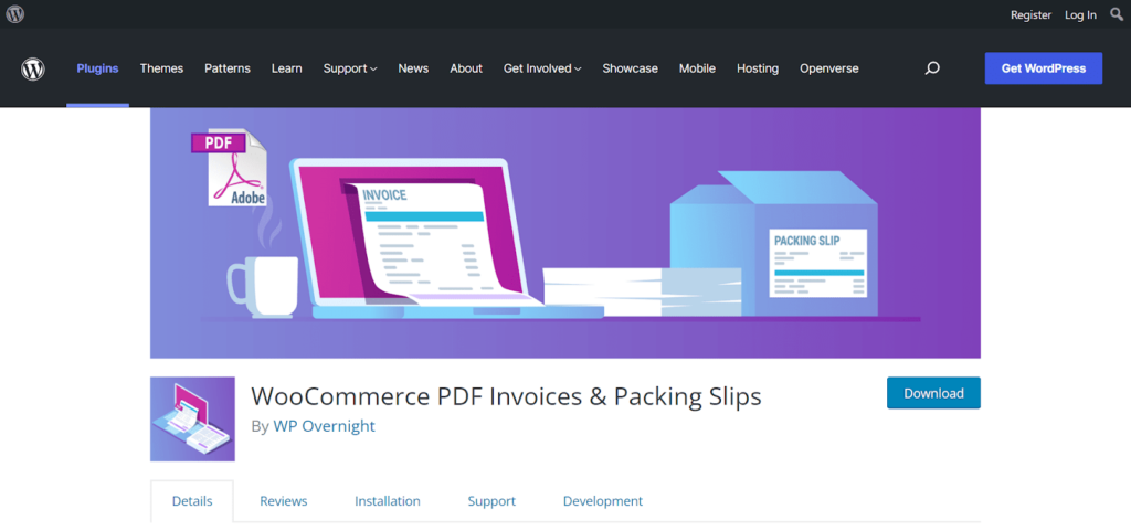 Screenshot of the WooCommerce PDF Invoices & Packing Slips product on WordPress.org