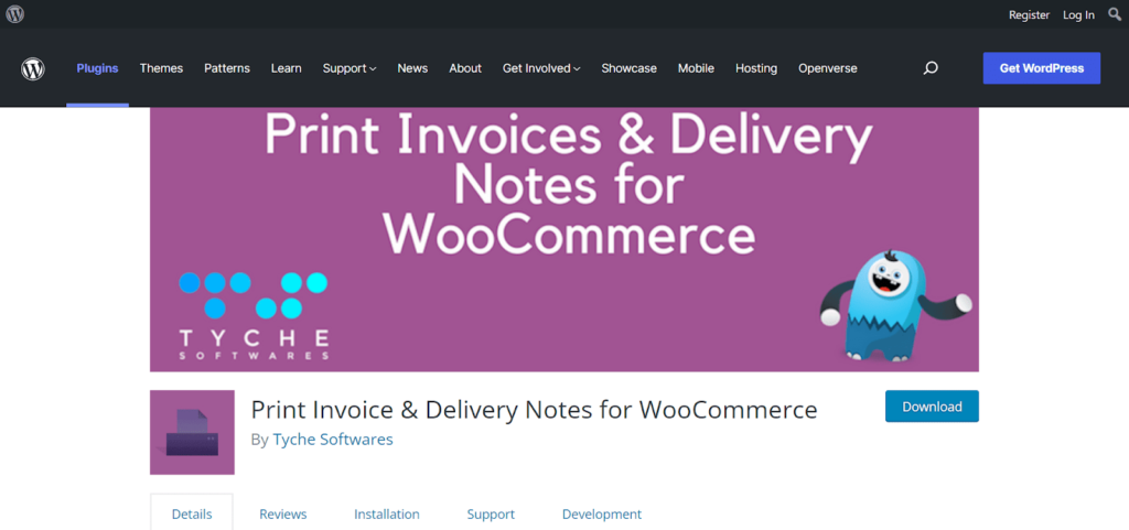 Screenshot of the Print Invoices & Delivery Notes for WooCommerce plugin listing on WordPress.org