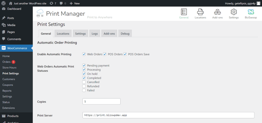 Screenshot of setting up the Print Manager in WooCommerce