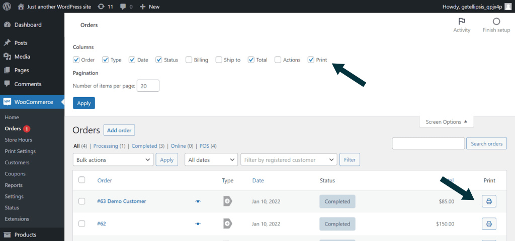 Screenshot of the WooCommerce Orders screen, with print settings highlight