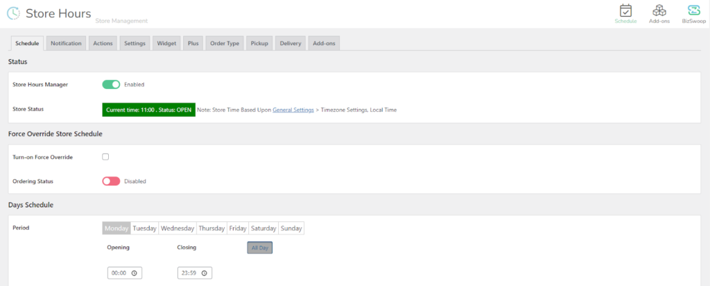 Screenshot of the Store Hours plugin