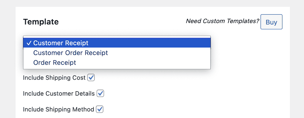 Screenshot of receipt template options