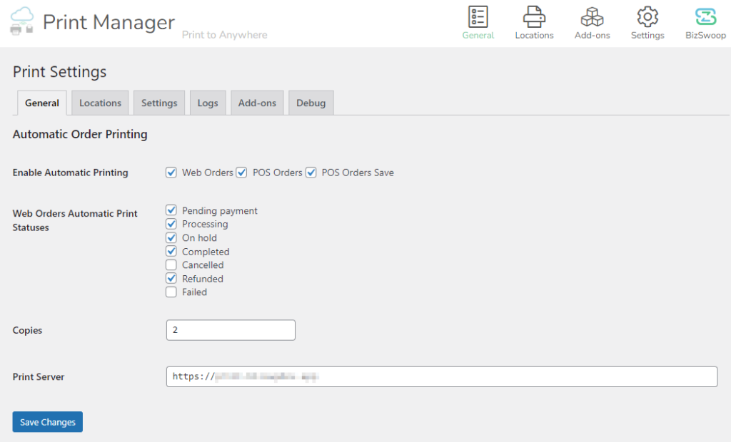 BizPrint Print Settings screen