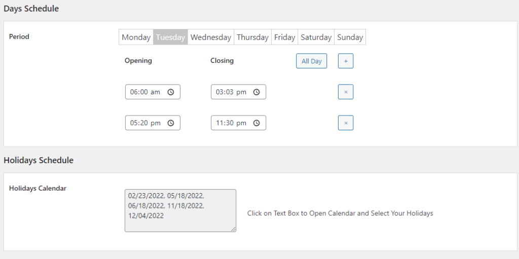 Store Hours schedule