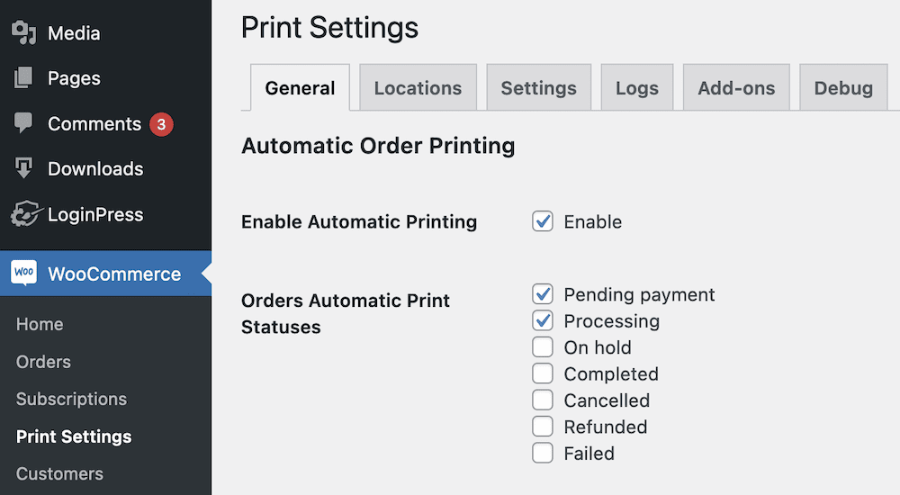 The “Enable Automatic Printing” option within the WordPress settings page.