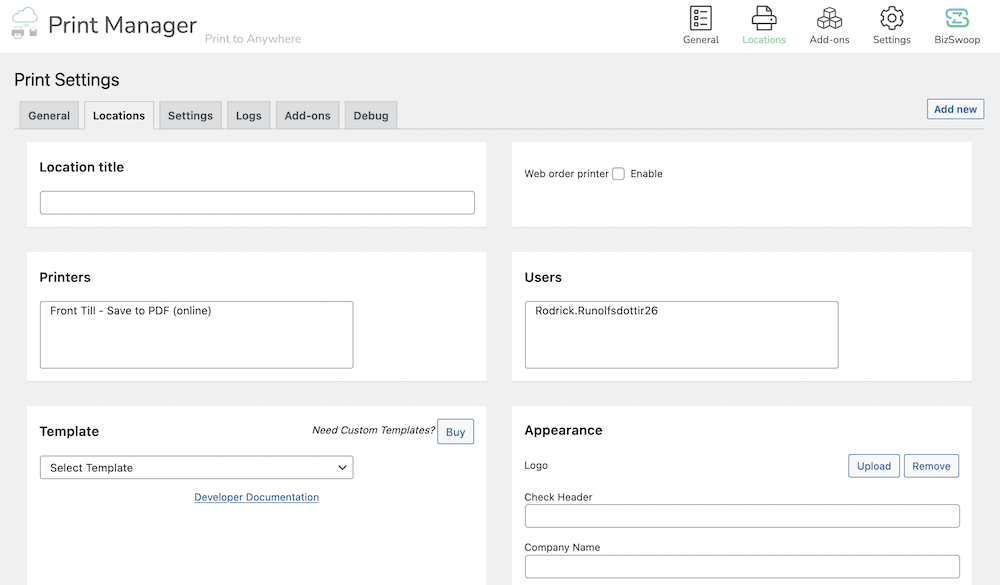 The BizPrint Print Manager screen within WordPress.