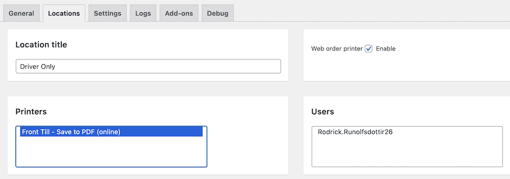 The BizPrint fields that show the choice of printer, and the ability to enable print orders from the web.