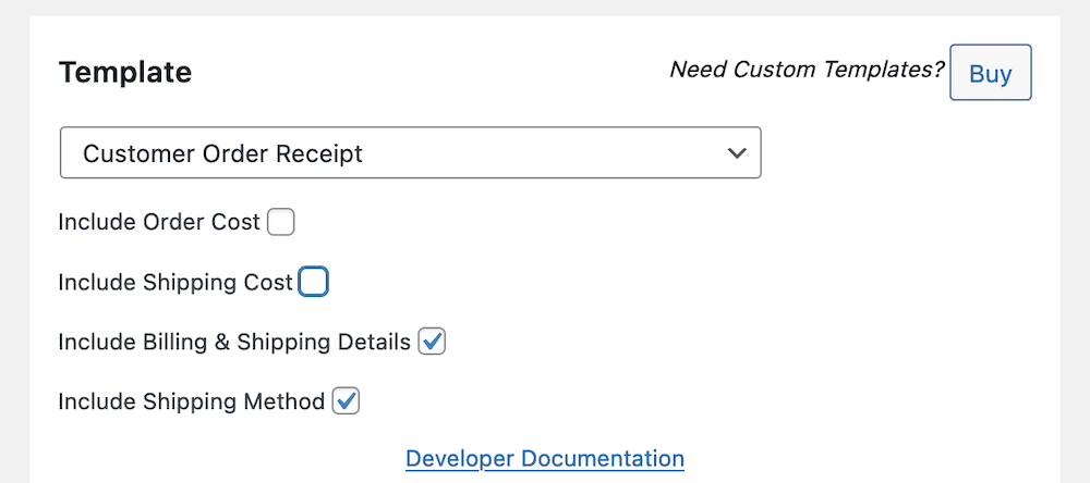 A set of BizPrint Template checkboxes.