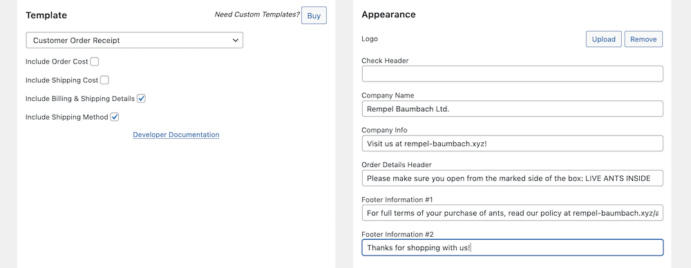 A BizPrint Appearance panel that shows filled in fields.