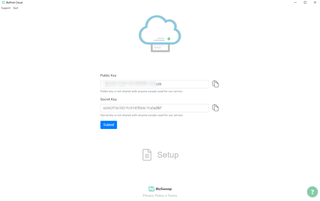 BizPrint Public Key and Secret Key