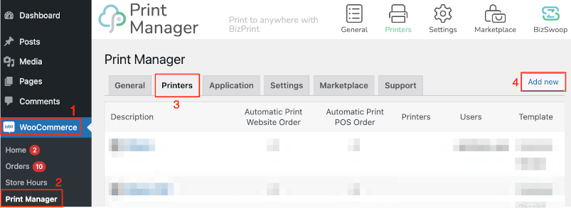 WooCommerce print manager dashboard, add new printers to start customization.