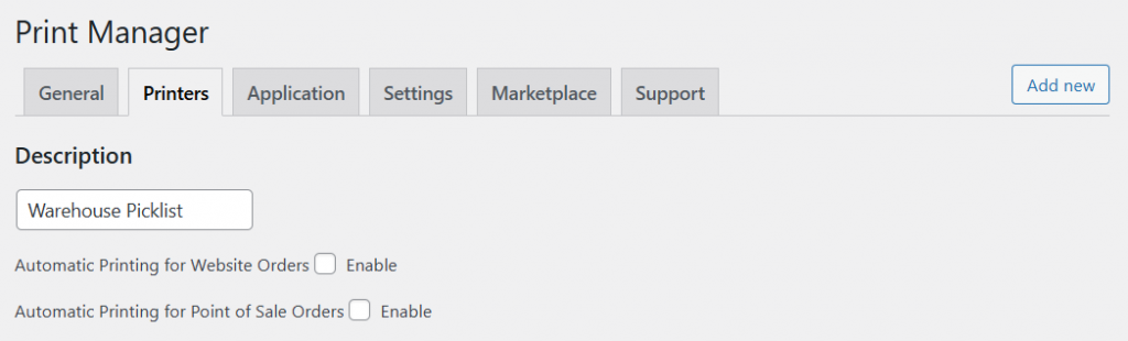 Print Manager configuration screen
