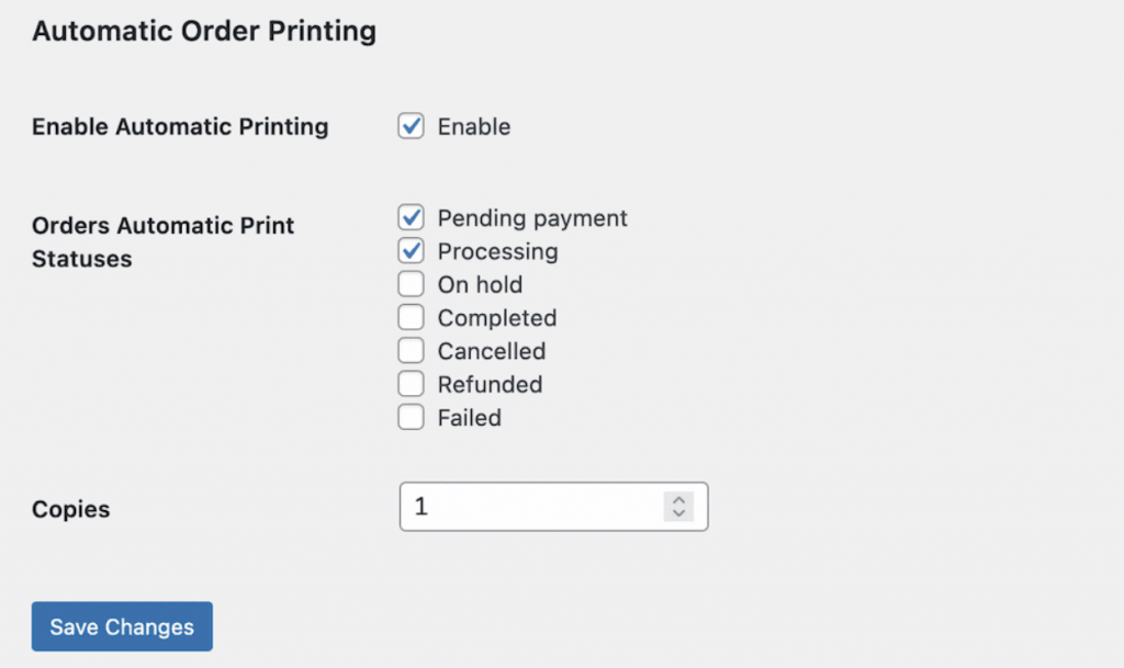 BizPrint automatic order printing options