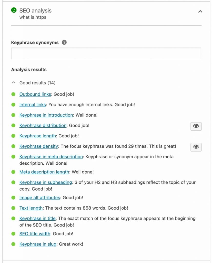 An example of a Yoast SEO optimization dialog for a blog’s article (source: Yoast).