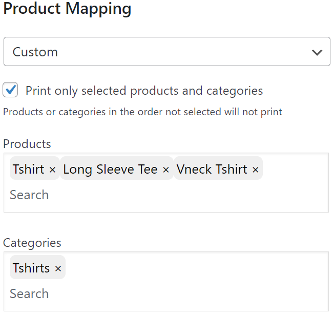 Print selected products and categories