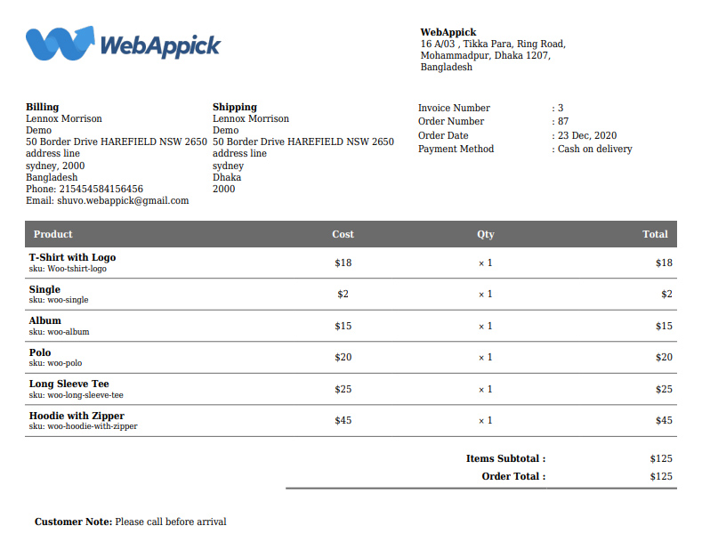 A custom invoice generated using the Challan WooCommerce plugin