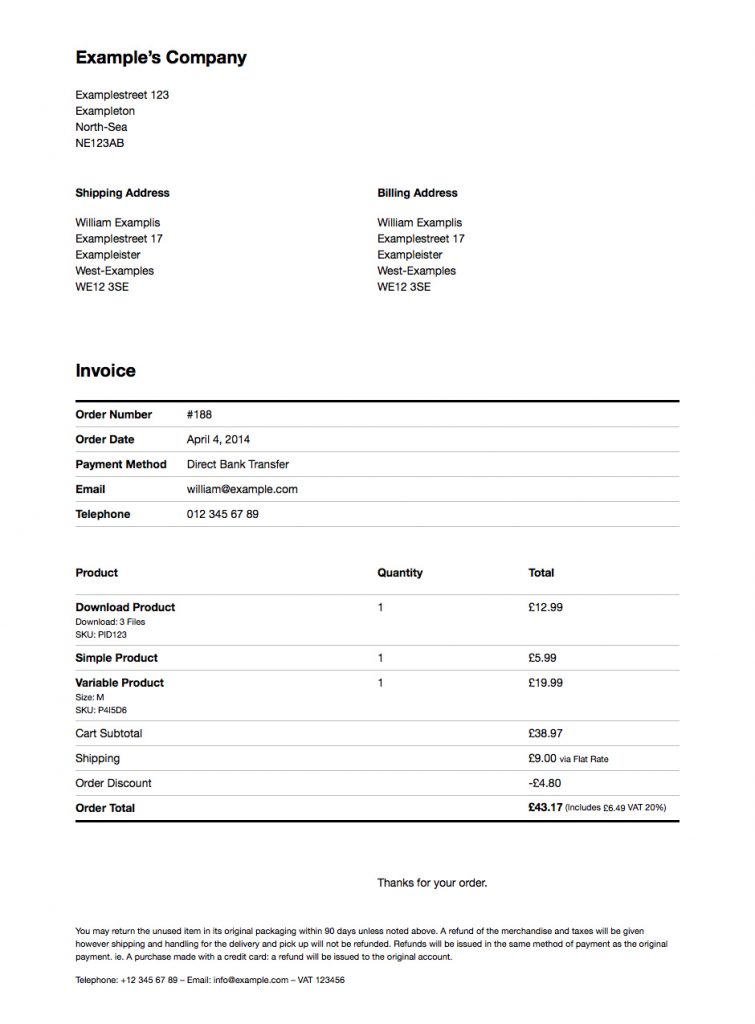 An invoice generated using the Print Invoices & Delivery Notes for WooCommerce plugin