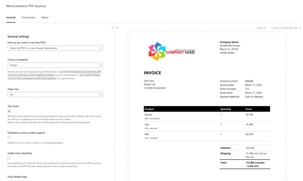 Producing a PDF invoice using the WooCommerce PDF Invoices & Packing Slips plugin