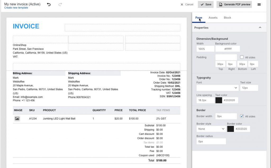 Dragging and dropping custom elements to an invoice using the WooCommerce PDF Invoices, Packing Slips, Delivery Notes and Shipping Labels plugin