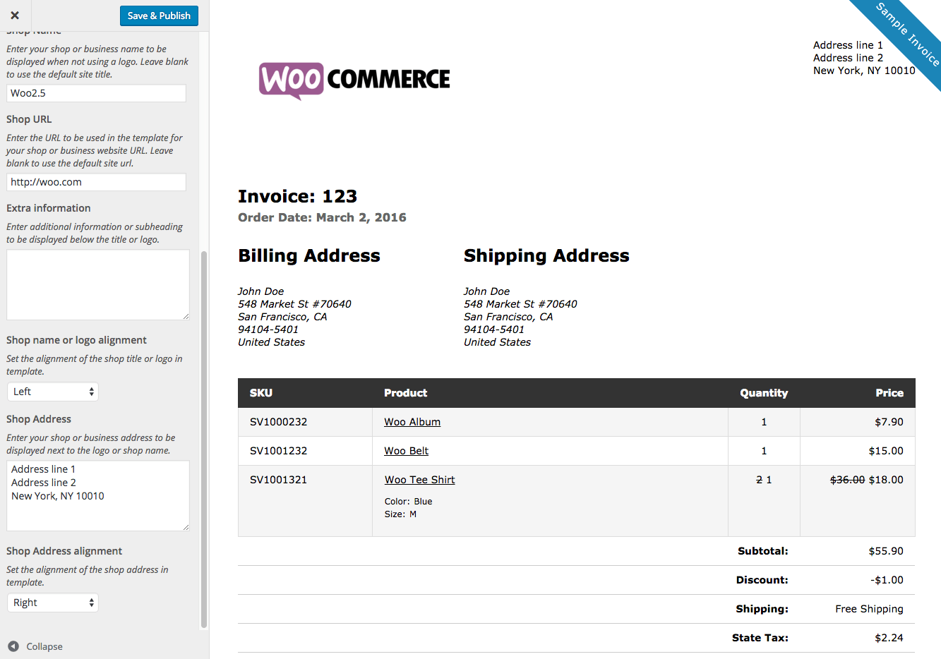 A live preview of the WooCommerce Print Invoices and Packing Lists plugin document appearance