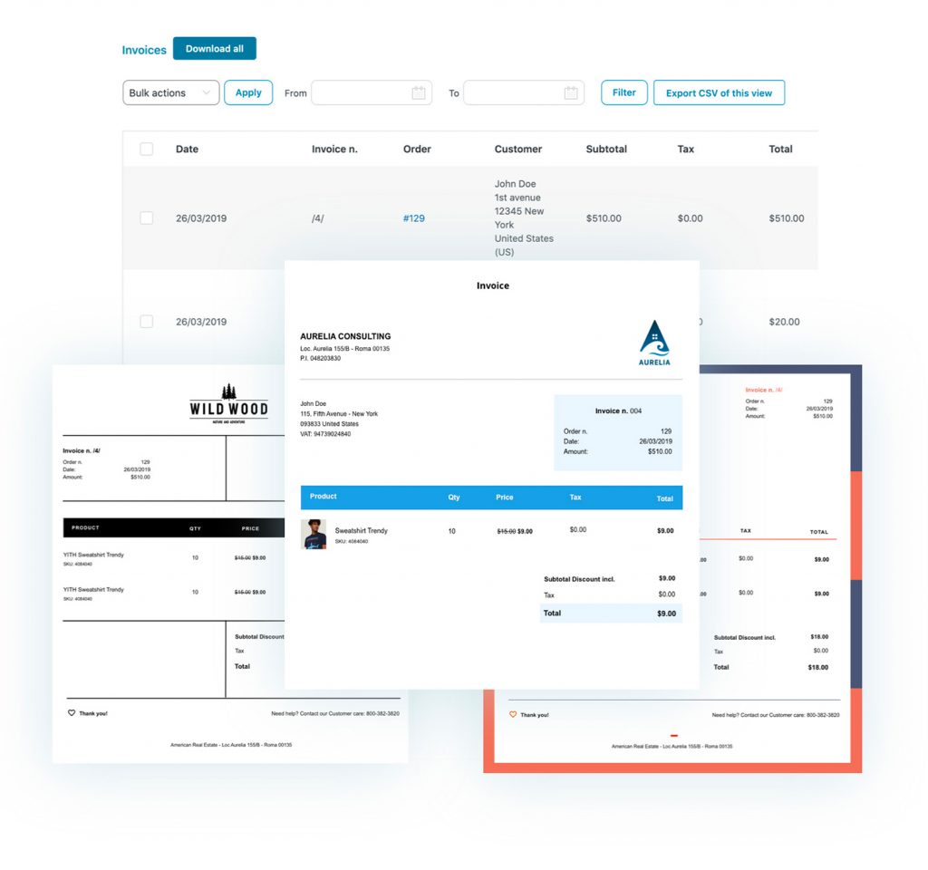 Some of the invoices and notes you can create using the YITH WooCommerce PDF Invoices & Packing Slips plugin