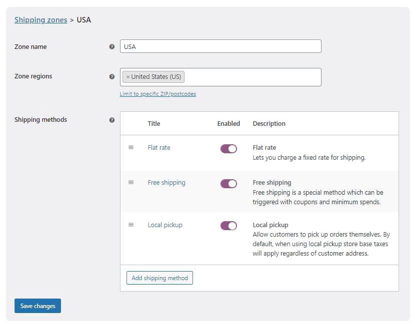 Set shipping methods