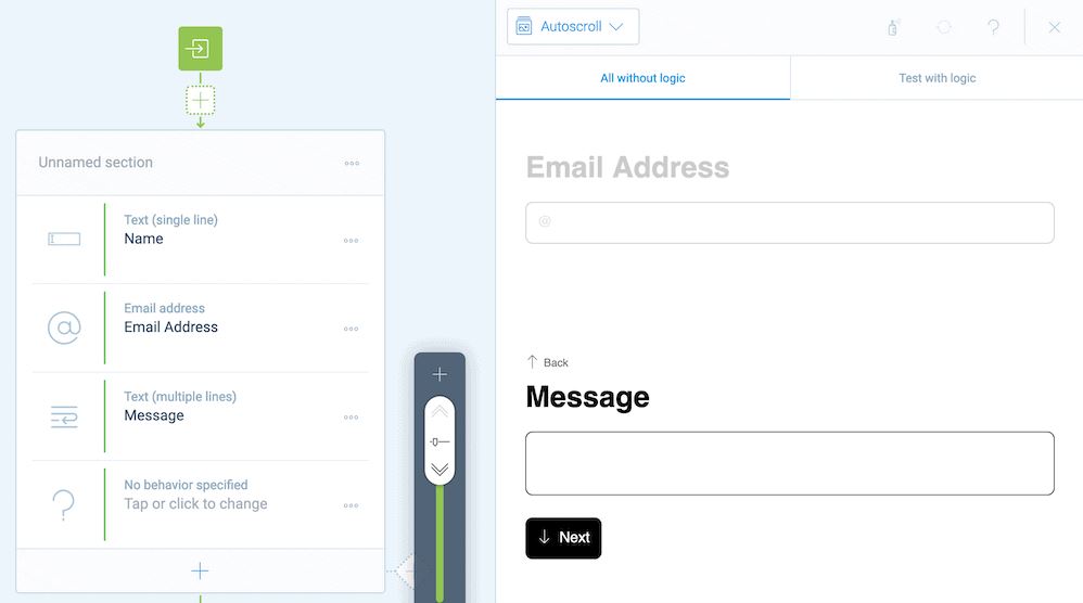Adding fields to a contact form using the Tripetto plugin’s storyboard feature