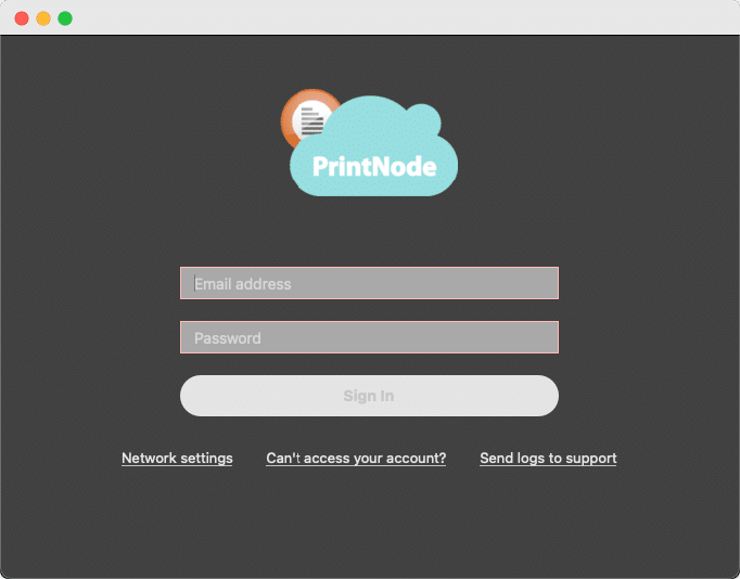 MacOS login page for PrintNode 