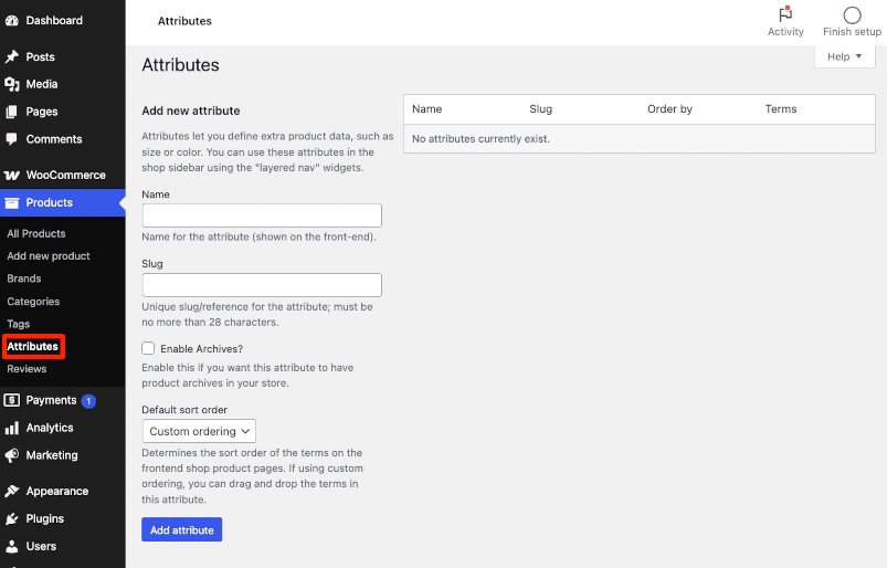 Creating product attributes in WooCommerce