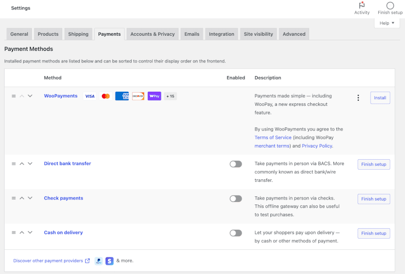 WooCommerce Payment settings’ section