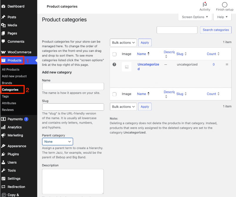 New product categories creation with WooCommerce