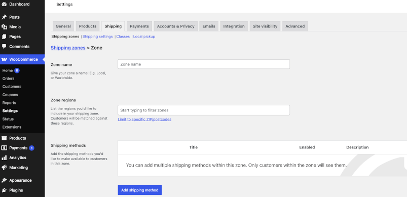 WooCommerce Shipping section