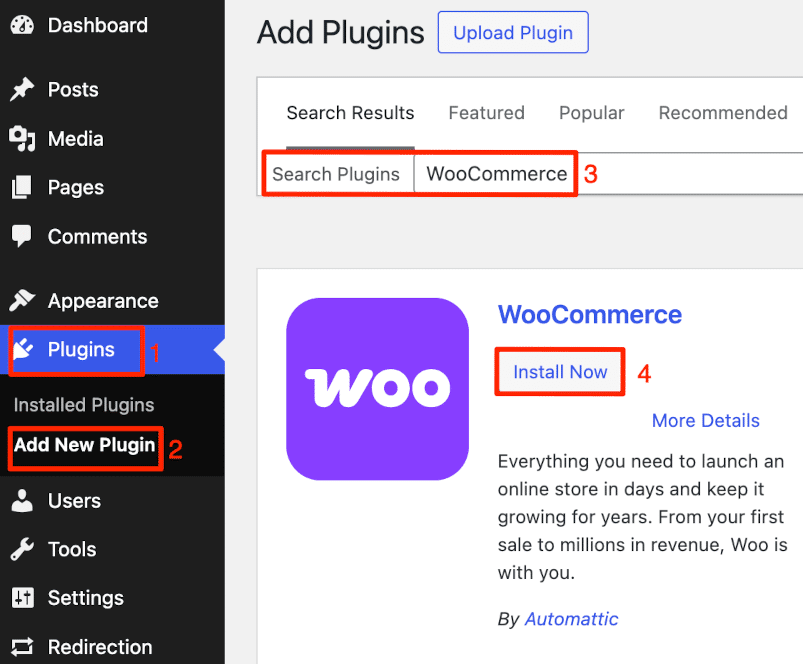 WooCommerce plugin installation steps in WordPress dashboard