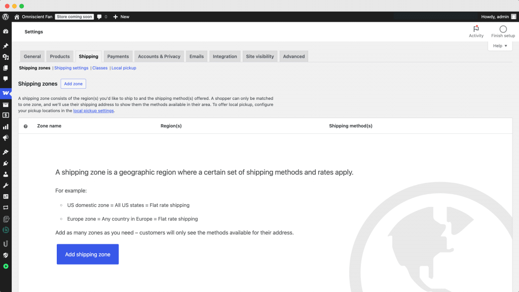 Creating a new shipping zone on WooCommerce