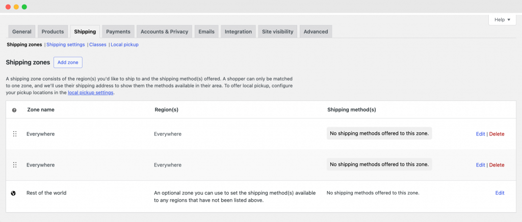 WooCommerce shipping zones