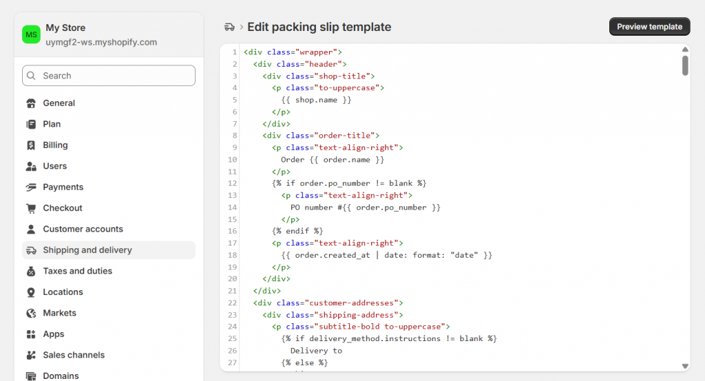 Editing Shopify packing slip template