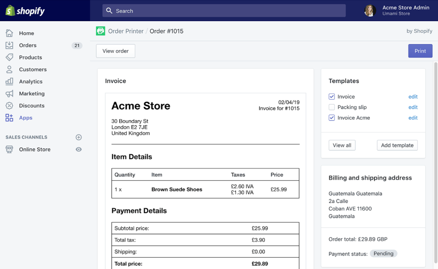 Printing using Shopify’s Order Printer app
