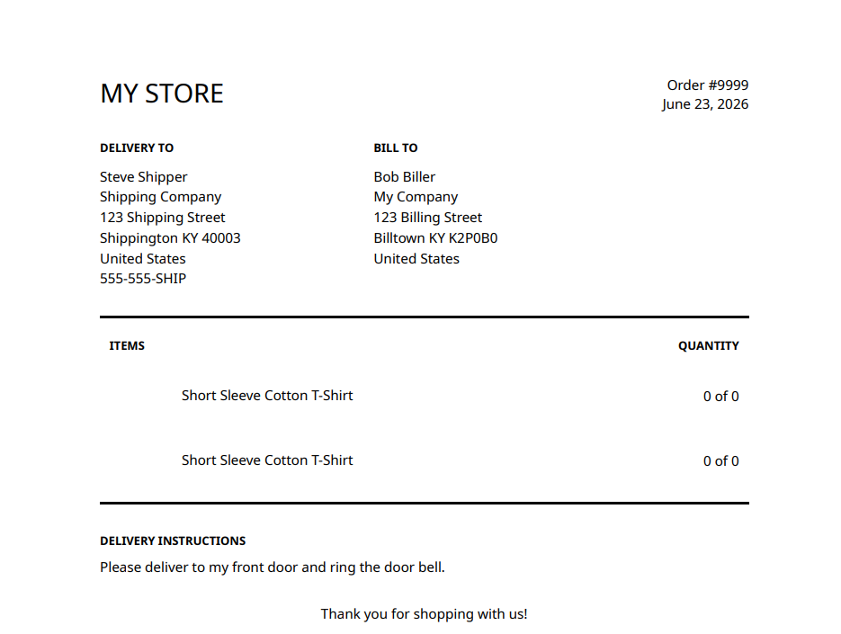 Sample Shopify packing slip